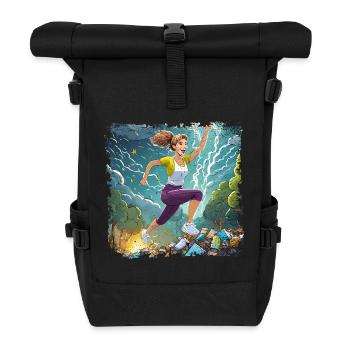 Woman jumping over a lot of garbage - Roll Top Backpack - black - Front
