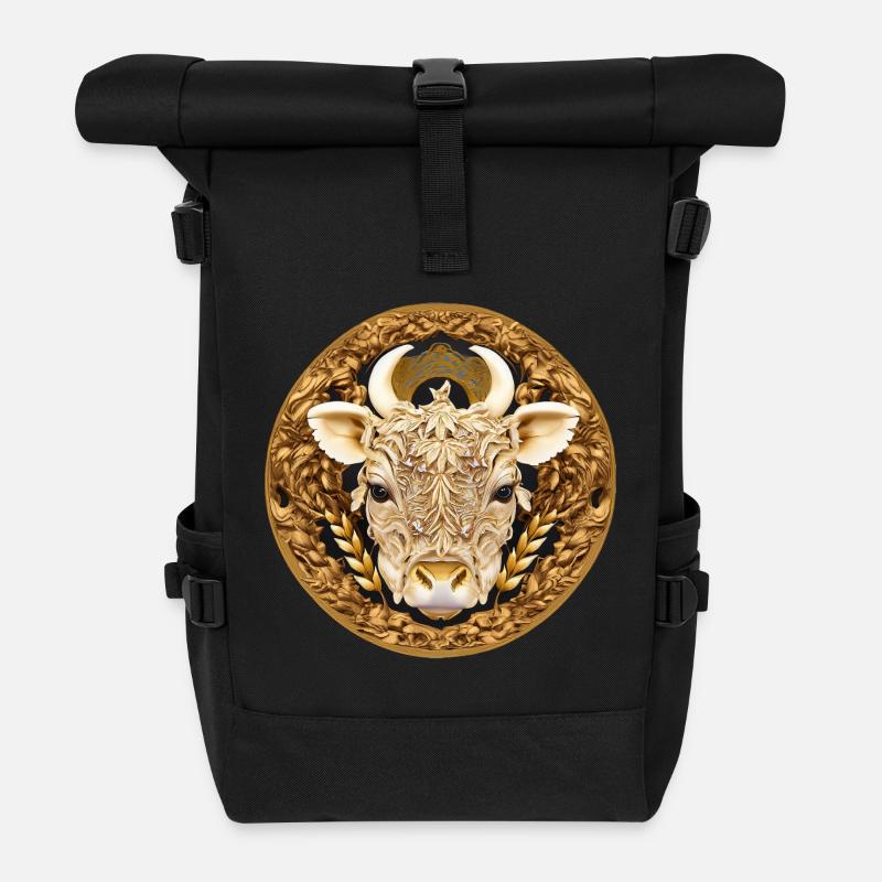 Goldenes Stierkopf Mandala - Rolltop Rucksack - Schwarz