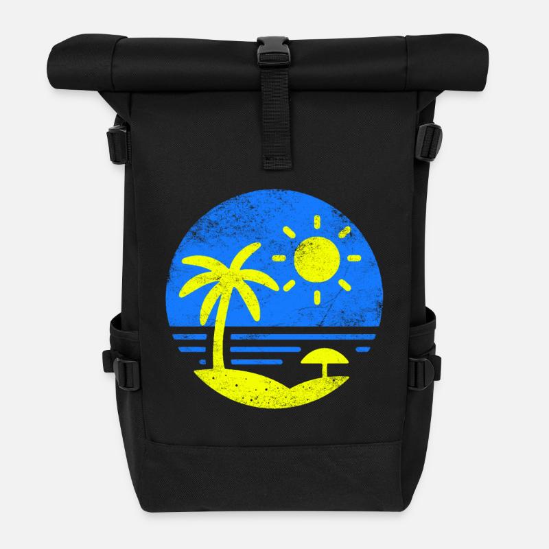 Vintage Beach Blue Yellow - Roll Top Backpack - black