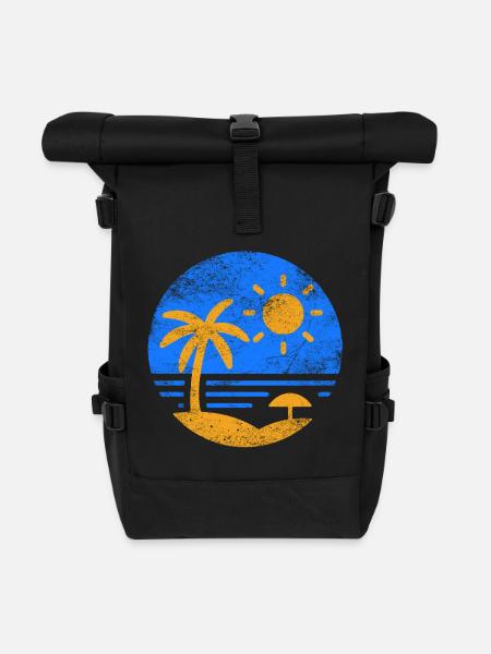 Vintage Beach Blue Orange - Roll Top Backpack - black