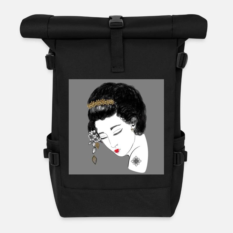 Goldene Blüten Kopfportrait - Rolltop Rucksack - Schwarz
