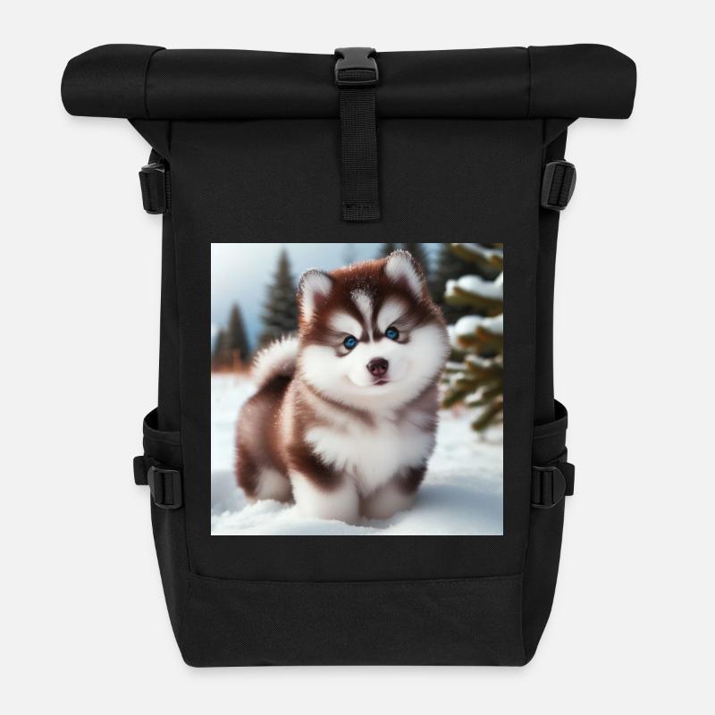 Chiot husky sibérien dans la neige - Sac à dos roll top - noir