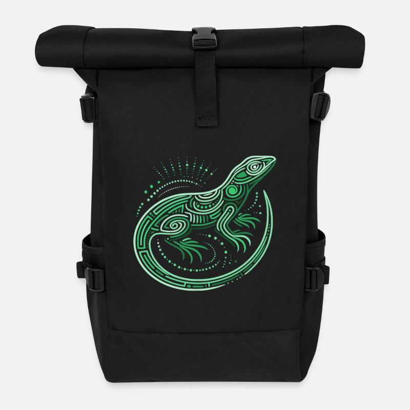 Eidechsen-Grüntöne, Aborigine-Motive, Tribal - Rolltop Rucksack - Schwarz