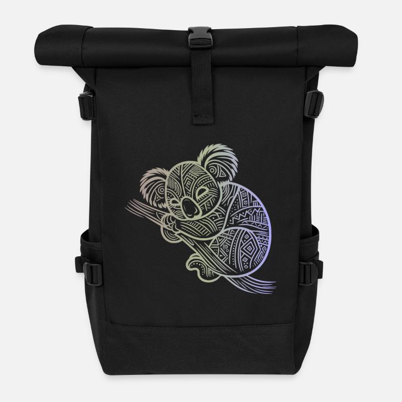 Koala in Aborigine-Mustern, Stammesmuster - Rolltop Rucksack - Schwarz