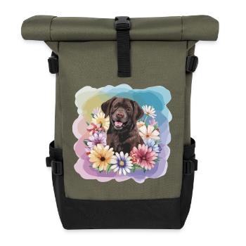 Brauner Labrador mit Blumen - Rolltop Rucksack - Olive/Schwarz - Vorne