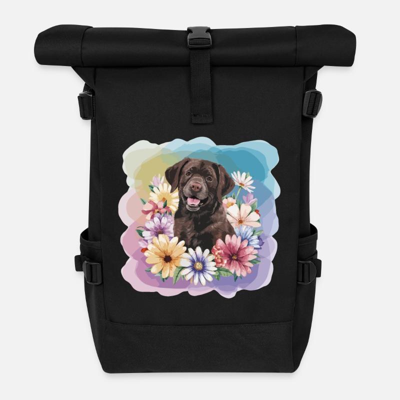 Brauner Labrador mit Blumen - Rolltop Rucksack - Schwarz