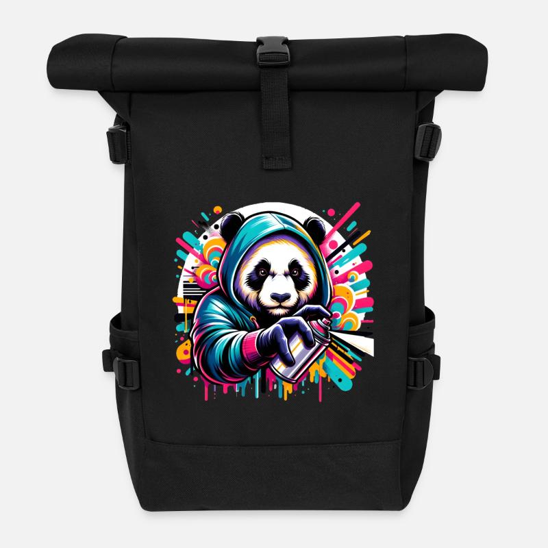 funny panda bear with graffiti and spray can - Roll Top Backpack - black