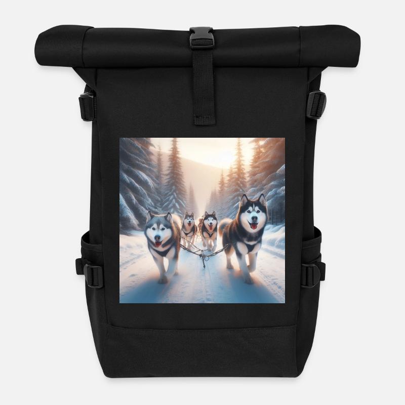 Huskies sur un traîneau - Sac à dos roll top - noir