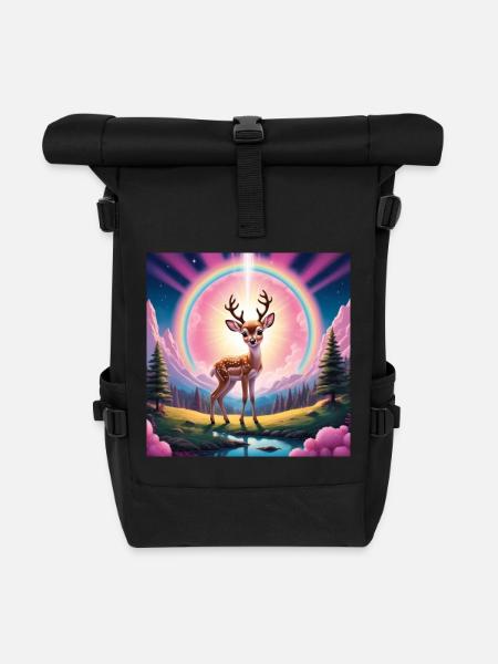 Reh mit Regenbogen - Rolltop Rucksack - Schwarz