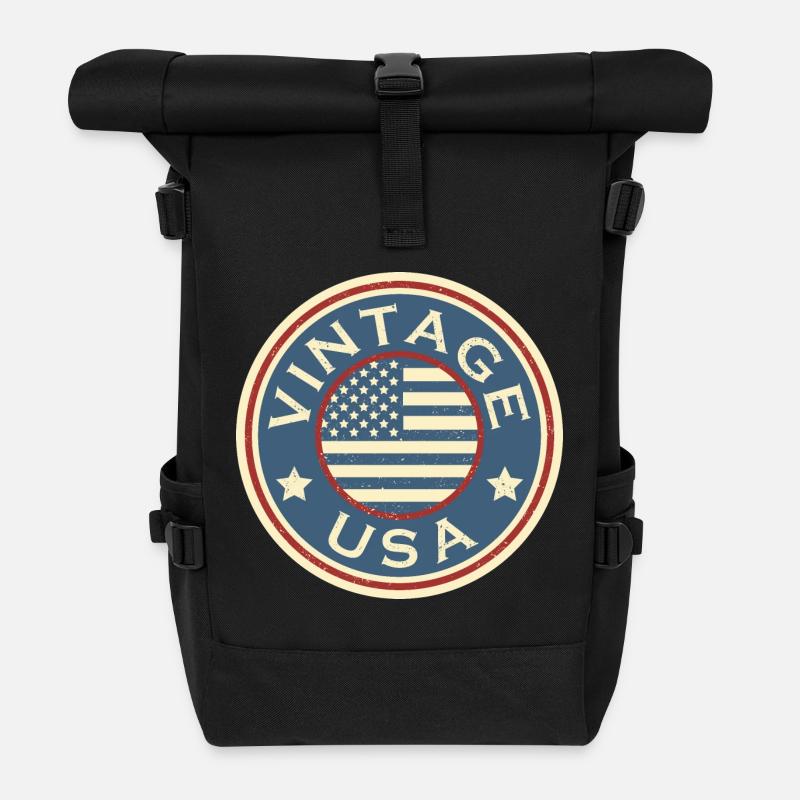 Vintage USA Grunge Style American Flag - Roll Top Backpack - black