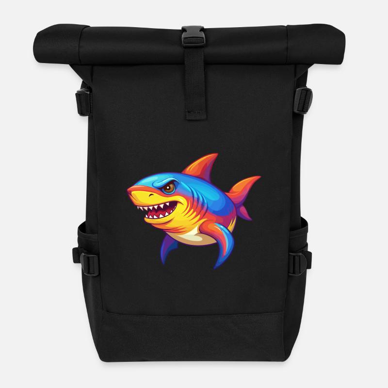 Hai Buntes Kawaii Cartoon Meerestier - Rolltop Rucksack - Schwarz