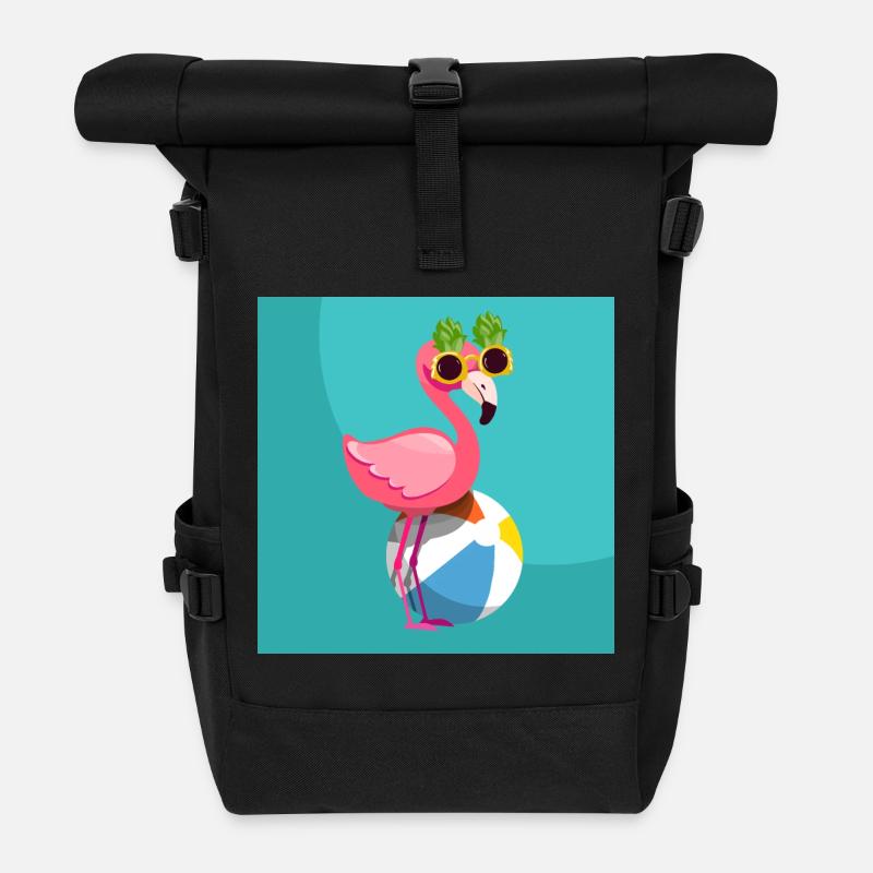 Flamant rose, son ballon et ses lunettes ananas - Sac à dos roll top - noir