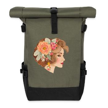 Beautiful lady in bohemian chic style - Roll Top Backpack - olive/black - Front