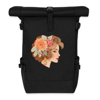 Schöne Dame im Bohemian Chic Stil - Rolltop Rucksack - Schwarz - Vorne