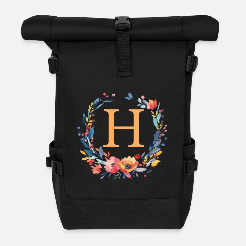 H Monogramm, Blumen-Kranz, personalisierbar - Rolltop Rucksack - Schwarz