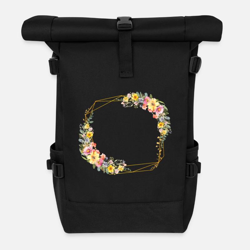 Floral, bunt, geometrisch, personalisierbar - Rolltop Rucksack - Schwarz