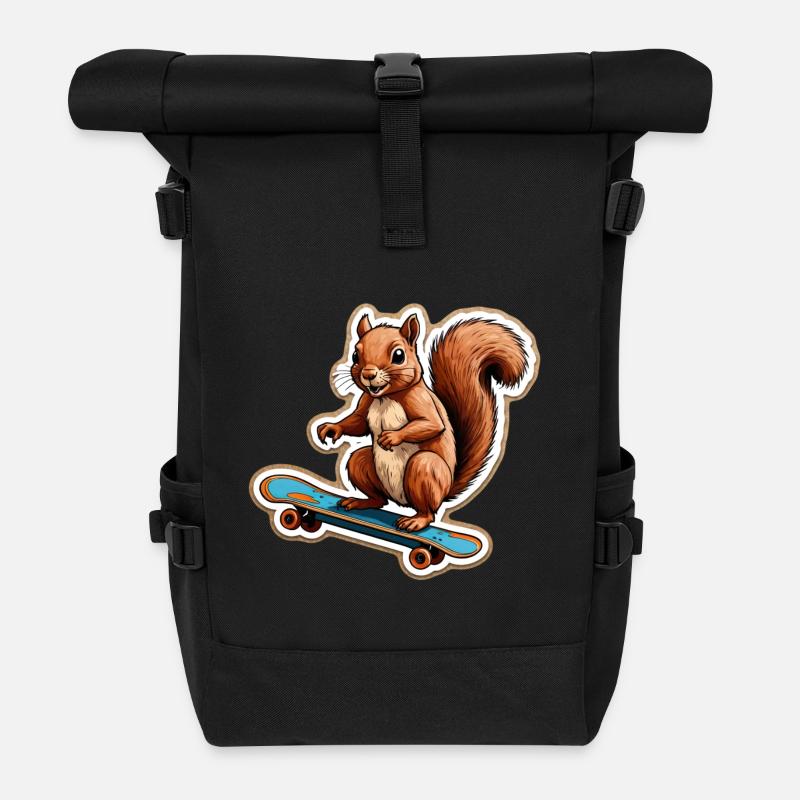 Eichhörnchen auf Skateboard - Rolltop Rucksack - Schwarz