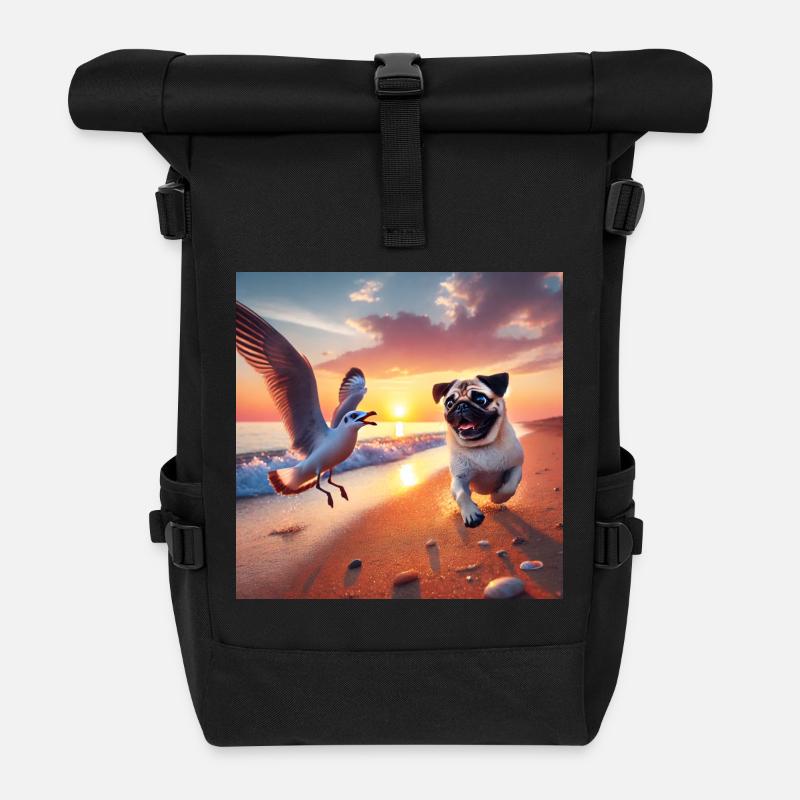 Lebendige Strandabenteuer mit Hund und Möwe - Rolltop Rucksack - Schwarz