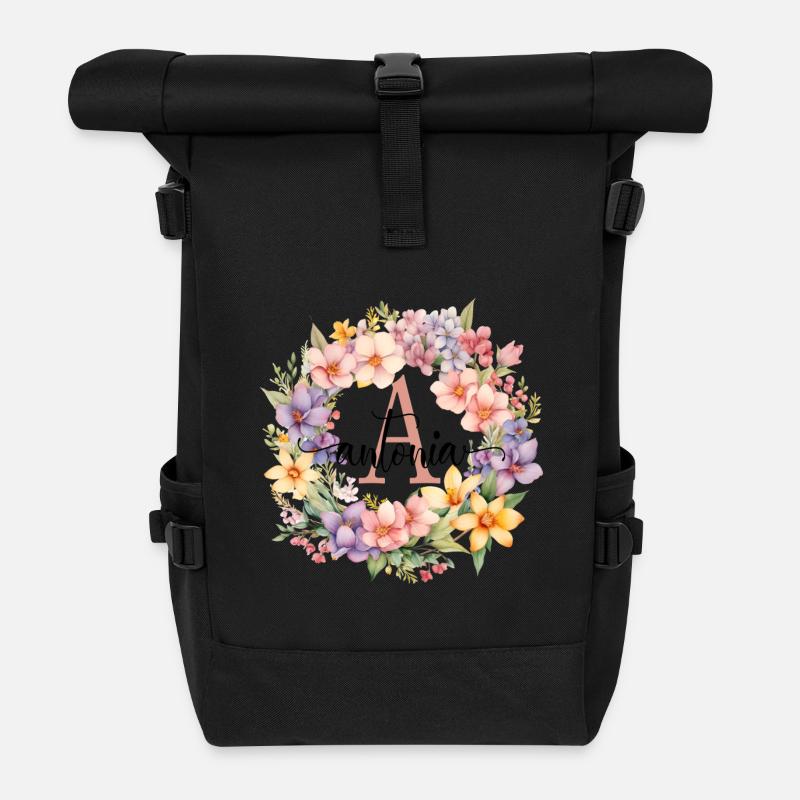A| Monogram | Name | Antonia | Watercolor | Colorful - Roll Top Backpack - black