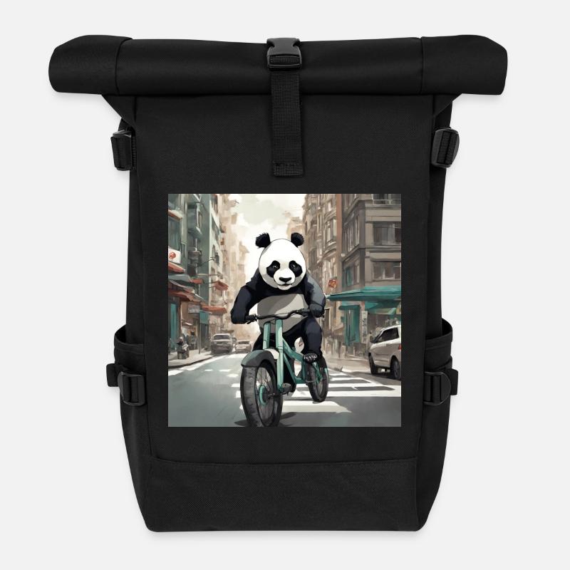 Panda on a bike in the city - Roll Top Backpack - black