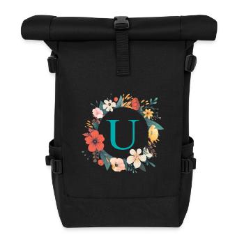 U Monogram, Couronne de fleurs, Personnalisable - Sac à dos roll top - noir - Devant