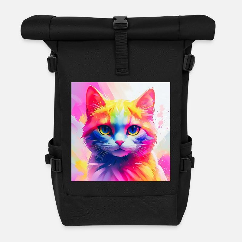Lebendiges Regenbogenkatzen-Kunstwerk - Rolltop Rucksack - Schwarz