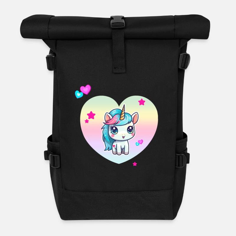 Licorne mignonne avec cœur pastel - Sac à dos roll top - noir