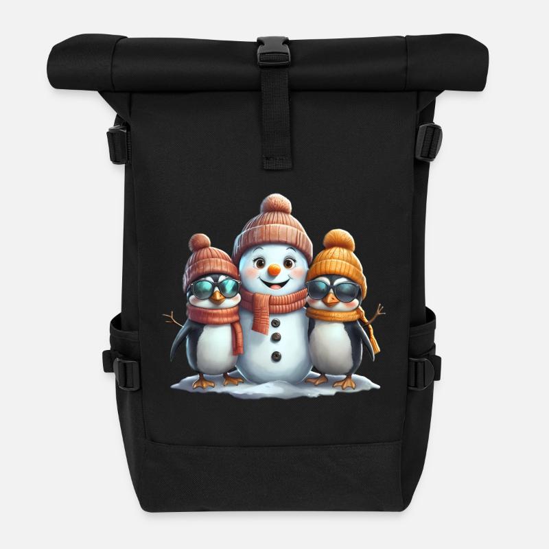 Amis de l’hiver : Pingouins et bonhomme de neige - Sac à dos roll top - noir