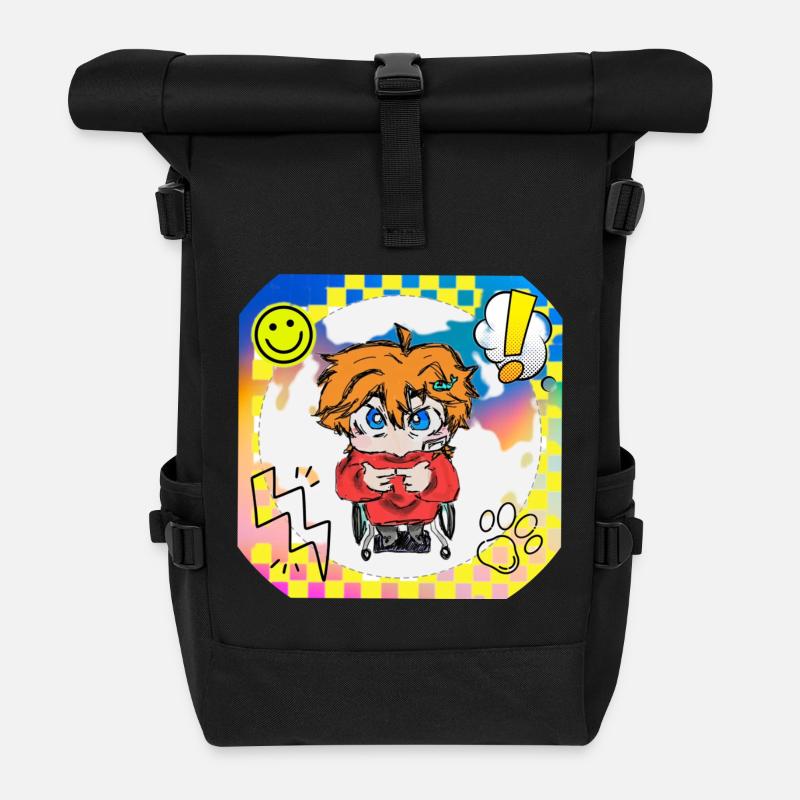 Bunter Popart Rollstuhlheld - Rolltop Rucksack - Schwarz