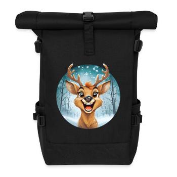 Festliches Rentier, verschneiter Winterlandschaft - Rolltop Rucksack - Schwarz - Vorne