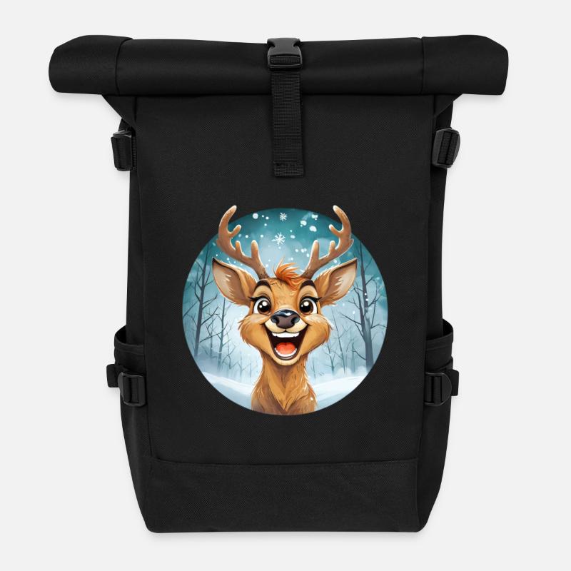 Festliches Rentier, verschneiter Winterlandschaft - Rolltop Rucksack - Schwarz