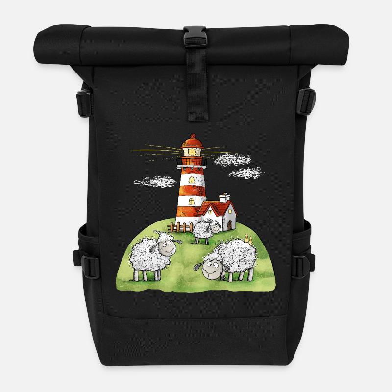 Leuchtturm und Schafe I Nordsee Ostsee Küste - Rolltop Rucksack - Schwarz