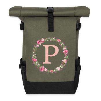 P Monogram, Couronne de fleurs, Personnalisable - Sac à dos roll top - olive/noir - Devant