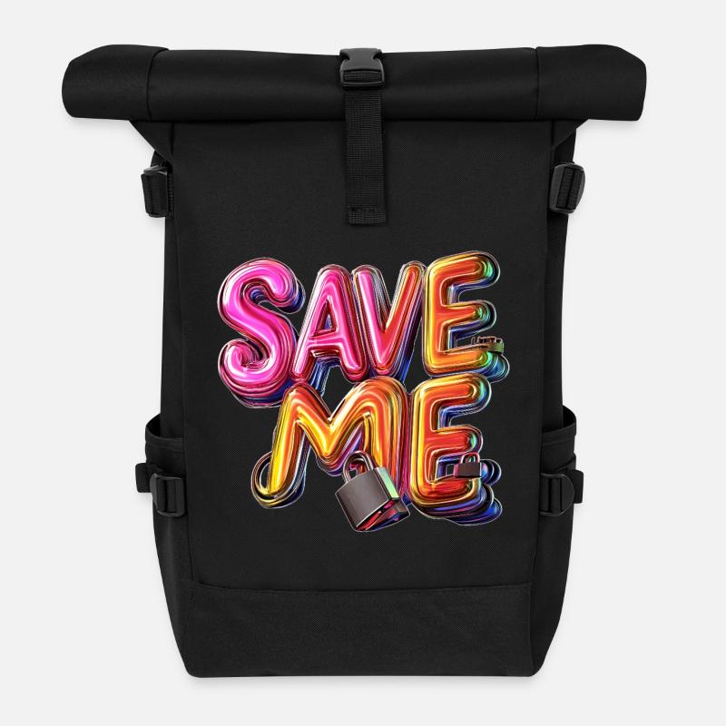 Stylischer 3D Schriftzug "SAVE ME" mit Schlössern - Rolltop Rucksack - Schwarz