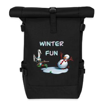 Winterspaß: Hase und Schneemann - Rolltop Rucksack - Schwarz - Vorne