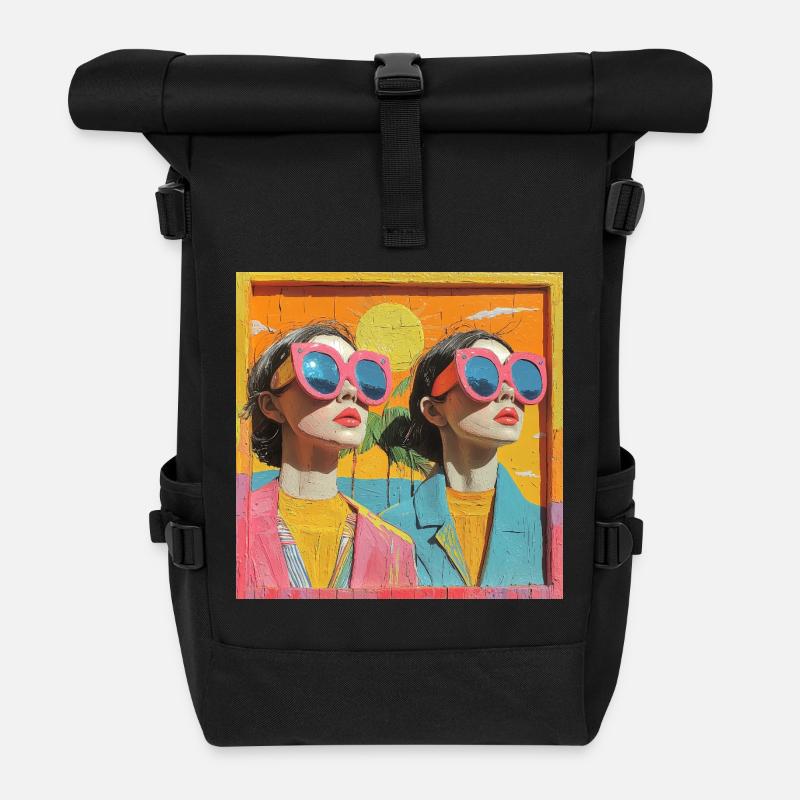 Mother Daughter Sunny Wooden Art - Roll Top Backpack - black