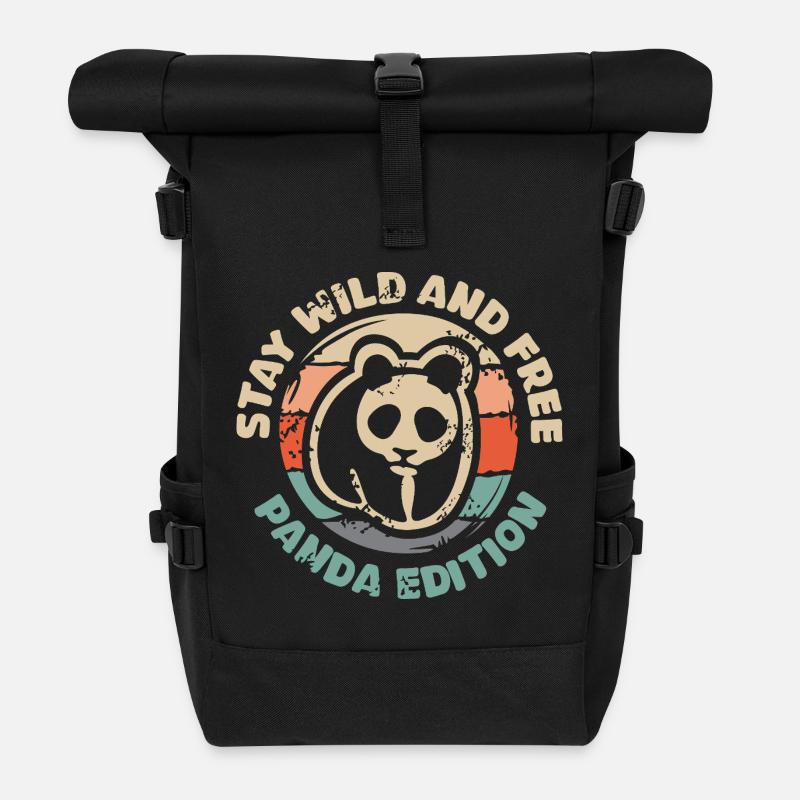 Stay Wild and Free – Panda Edition Retro Design - Rolltop Rucksack - Schwarz