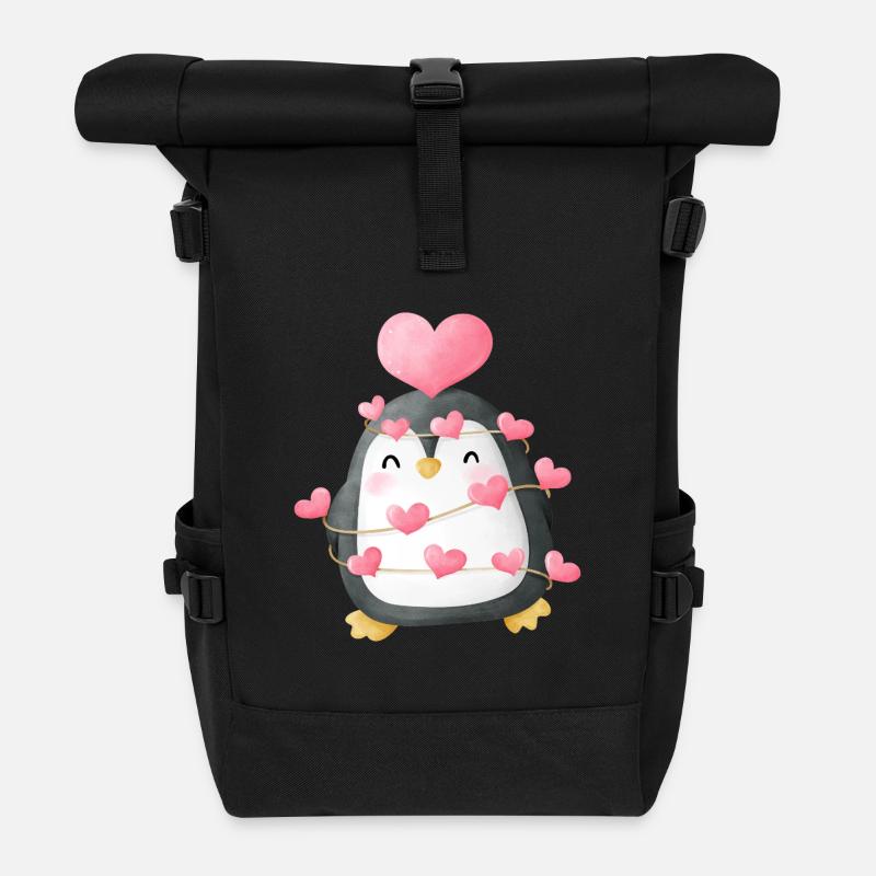 Loving Penguin with Heart Decoration - Roll Top Backpack - black