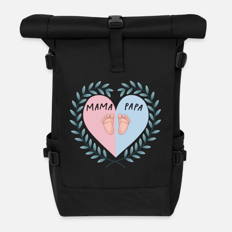 Mom & Dad Heart with Baby Feet - Roll Top Backpack - black