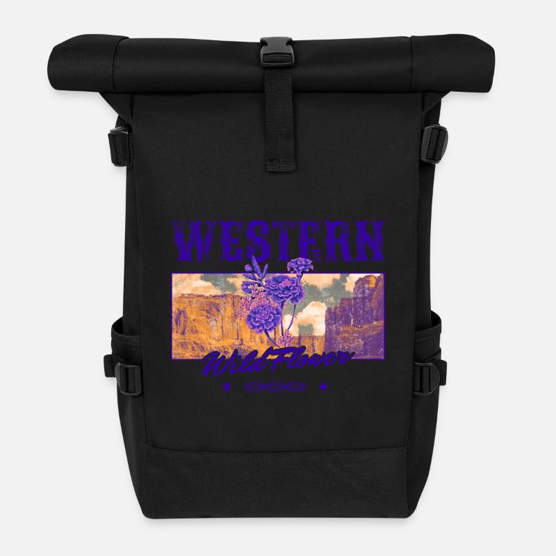Western Wildflower – Retro Country Ästhetik - Rolltop Rucksack - Schwarz