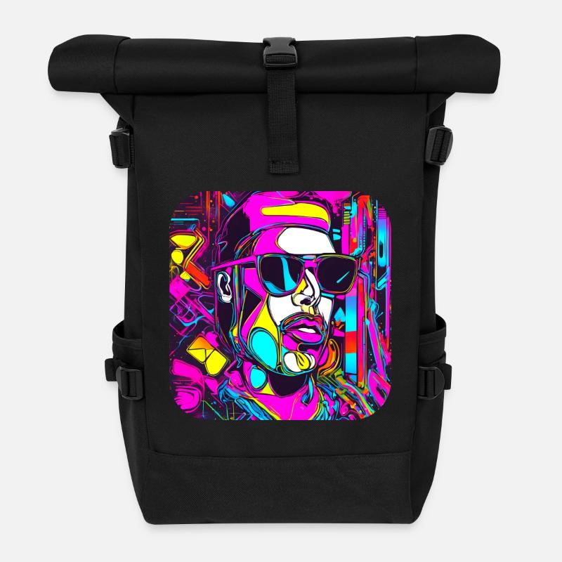 Neon Style UV Glow Party Trend - Rolltop Rucksack - Schwarz