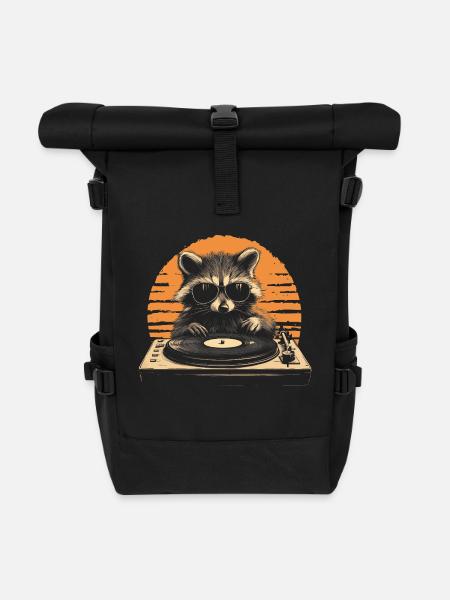 Waschbär mit Sonnenbrille am Turntable DJ Musik - Rolltop Rucksack - Schwarz