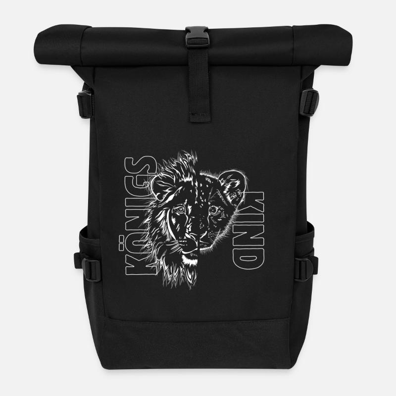 Löwe + Löwenkind „KÖNIGSKIND“ - Rolltop Rucksack - Schwarz