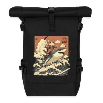 Cat Riding Shark in Japan Cartoon Art Style - Roll Top Backpack - black - Front