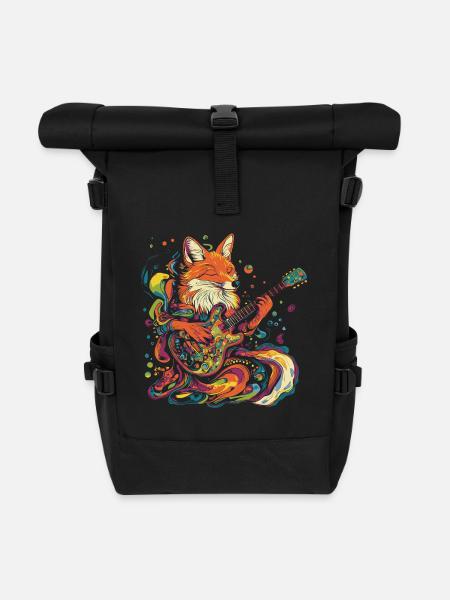 Fuchs spielt Gitarre 70er Jahre Psychadelisch - Rolltop Rucksack - Schwarz