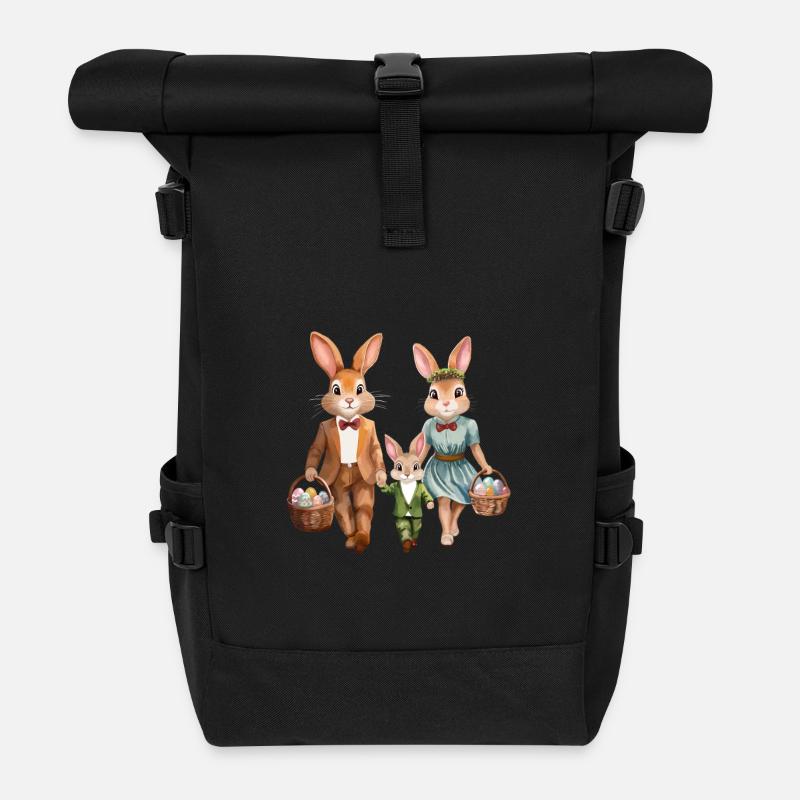Family of Bunnies on Easter Egg Hunt - Roll Top Backpack - black