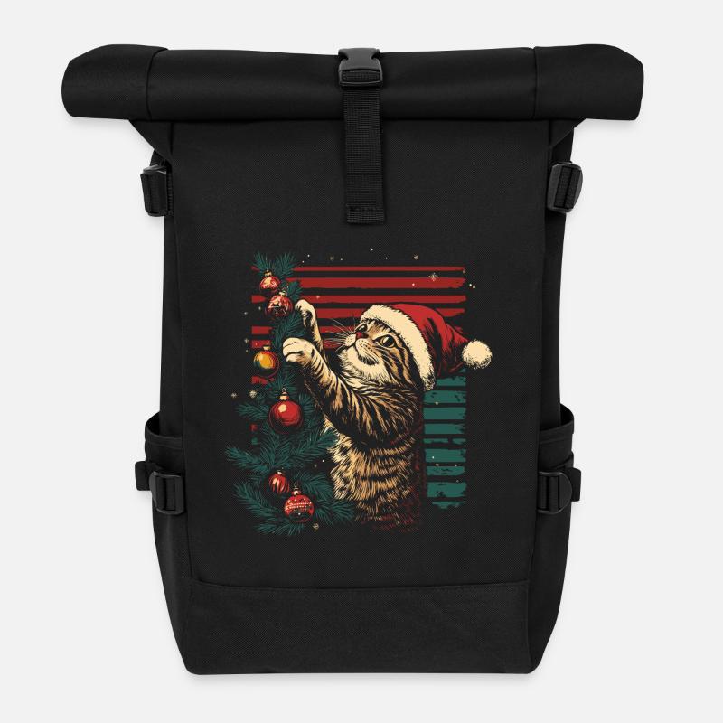 Katze Weihnachten Lichterkette Weihnachtsbaum - Rolltop Rucksack - Schwarz