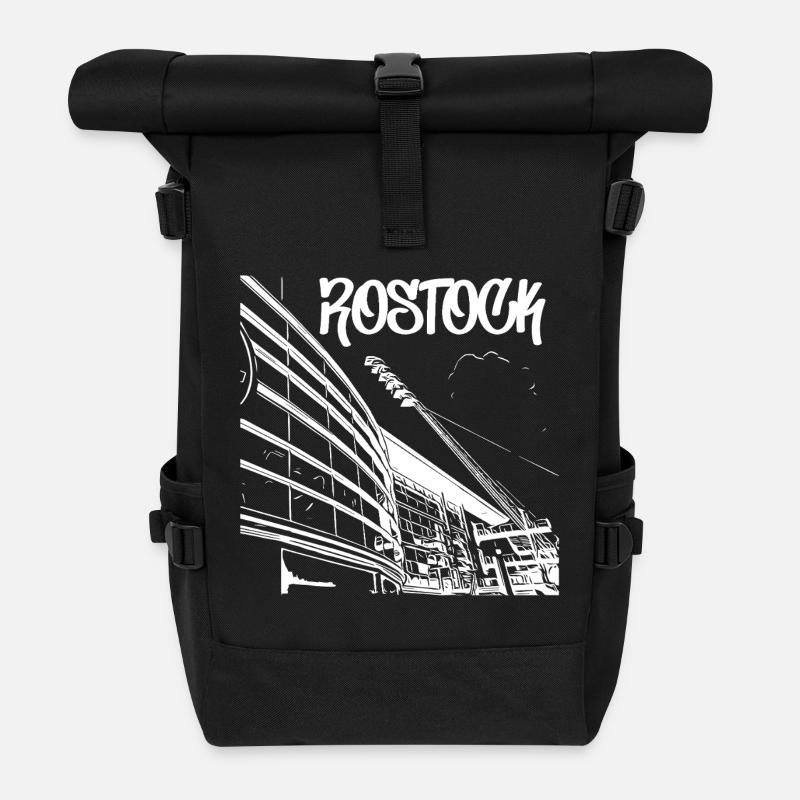 Rostock Skyline Stadionblick - Rolltop Rucksack - Schwarz