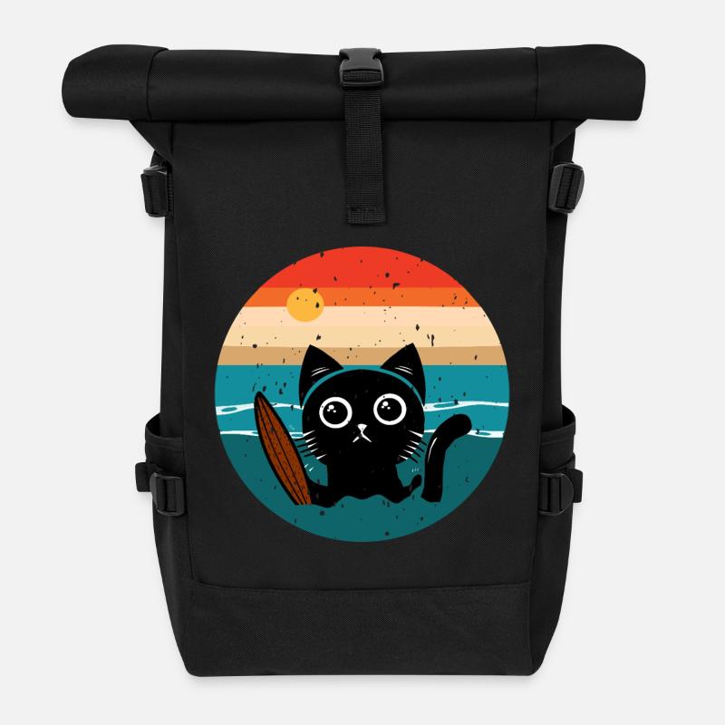 Surfende Katze - Rolltop Rucksack - Schwarz