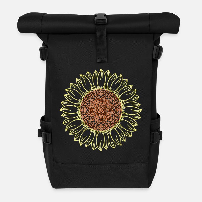 Intricate Mandala Sunflower Design - Roll Top Backpack - black
